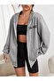 Women's LosAngelas - Star Back and Front Print Detailed 3 Thread Zippered Hooded Smoke Gray Jacket - 5