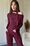 Asymmetrical Collar Scarf Burgundy Suit - 2