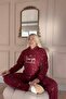 Burgundy Love Moon Patterned Hooded Plush Fleece Pajama Set - 3