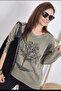 Women's Khaki Metal Studs Tree Patterned Distressed/Ripped Detail Casual Oversize Sweatshirt - 2