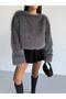 Women's Gray Crew Neck Fur Sweater - 4
