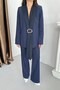 Women's Two-Piece Top and Bottom Set Stylish Shawl Collar Buckle Jacket Wide-Leg Pants Set - 7