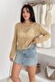 Beige Mesh Knitted Patterned Knitwear Blouse with Tassels Standard Size - 7