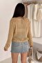 Beige Mesh Knitted Patterned Knitwear Blouse with Tassels Standard Size - 8