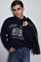 Men's Oversize Crew Neck Embroidered Knit Sweater Navy Blue - 2
