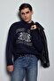 Men's Oversize Crew Neck Embroidered Knit Sweater Navy Blue - 6