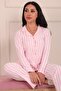 Women's Vertical Stripe Patterned Buttoned Front Suede Pajama Set - 3