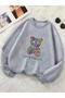 Women's Lover Bear Printed Crew Neck Gray Black Sweatshirt Oversize Loose - 7