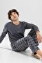 Men's Cotton Crew Neck Printed Long Sleeve Pajama Set 9804 Gray - 3