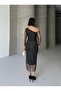 Women's Black Tulle Asymmetrical Collar Long Dress - 4