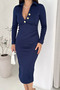 Women's V-Neck Gold Button Detailed Midi Dress Nbk4307