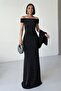 Off Shoulder Draped Glitter Black Evening Dress - 7