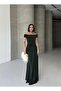Off Shoulder Draped Glitter Emerald Evening Dress - 2