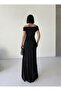 Off Shoulder Draped Glitter Black Evening Dress - 4