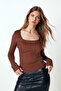 Women's Brown Square Neck Lycra Knit Blouse Arm-25K069006