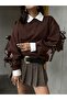 Women's Brown 3 Thread Ribbed Wide Cut Ribbon Detailed Sweatshirt 28318 - 5