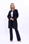 Zero Collar Plain Long Jacket & Spanish Flare Trousers-Navy Blue - 1005530