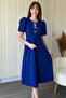 Balloon Sleeve Ribbon Accessory Detachable Midi Cobalt Blue Dress - 4