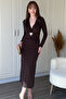 Sandy Fabric Gold Belted Double Breasted Collar Slit Brown Midi Dress - 3