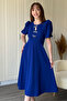 Balloon Sleeve Ribbon Accessory Detachable Midi Cobalt Blue Dress - 2
