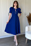Balloon Sleeve Ribbon Accessory Detachable Midi Cobalt Blue Dress - 7