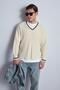 Men's V-Neck Oversize Contrast Detailed Sweater Beige - 3