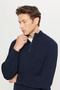Men's Navy Blue Standard Fit Regular Cut Zippered Bato Collar Knitwear Sweater - 4