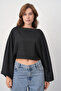 Women's Wide Neck Bat Sleeve Design Black Crop Blouse 13988