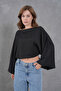 Wide Neckline Bat Sleeve Detail Black Crop Blouse 13988 - 8
