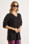 Women's Black Viscose V-Neck Mini Slit Draped Basic Slim Knitwear Sweater Kzk-19001013 - 5