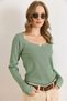 Women's Green Collar Detailed Ribbed Stretchy Knit Blouse Blz-19003132 - 6