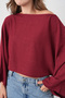 Women's Wide Collar Batwing Sleeve Detail Crop Burgundy Blouse 13988 - 2