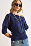 Women's Navy Blue Boat Neck Modal Buttoned Flowy Blouse Blz-19003133