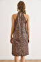 Women's Leopard Camel Halter Neck Mini Flowy Dress Elb-19002543 - 3