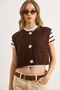 Women's Brown Open Knit Buttoned Pocket Detailed Thick Knitwear Vest Ylk-19000092