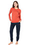 Women's Brick Color Long Sleeve Pajama Set – Navy Blue Bottom Cotton Comfortable Home & Sleep Set