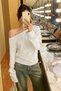 White Navy Blue 2 Pack Women's Off-Shoulder Boat Neck Oversize Long Sleeve T-Shirt - 3