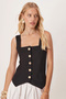 Women's Black Square Neck Vest with Lace-Up Detail on the Back, Linen Look Arm-25Y001089