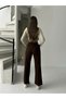 Women's High Waist Brown Linen Boyfriend Pants with Wide Legs - 2