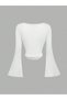 White Boat Neck Long Sleeve Spanish Sleeve Blouse, Side Ruched Spanish Sleeve Crop Top - 5
