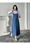 Women's Long Blue Strappy Denim Dungaree Dress