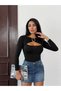 Women's Black Plunging Neckline Long-Sleeve Blouse with Metal Detail HZL25W-FRY123501