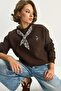 Women's Bitter Brown Scarf Detailed Ceylan Embroidered Three Thread Shardonlu Oversize Sweatshirt 6916 60283615