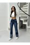 Women's Navy Blue Reverse Cuffed Tassel-Embroidered Loose Leg Jeans