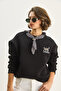 Women's Black Scarf Detailed Leopard Embroidered Three Thread Embroidered Oversize Sweatshirt 6917 60283616 - 2