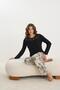 Women's Black Top Lace Detailed Long Sleeve Crew Neck Patterned Bottom Pajama Set C4T1N261 - 8