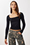Long Sleeve Seamless Knitted Blouse Lub0256 Black - 2