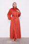 Satin Kraş Dress with Tile Belt Detail