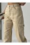 Women's Flare Leg Elastic Beige Cargo Pocket Linen Mom Pants - 4