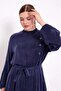 Navy Blue Floral Stone Detailed Cupra Dress - 4